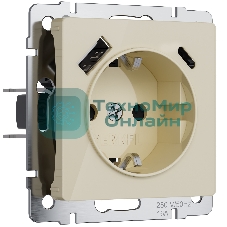 Розетка с заземлением, шторками и USB тип A+C (айвори акрил)