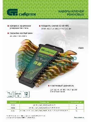 Набор ключей рожковых Сибртех 6-22 мм, 8 шт, желтый цинк Сибрех