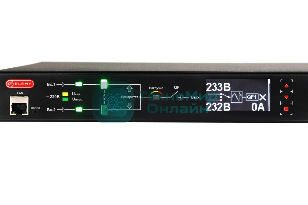 Автоматический ввод резерва ELEMY RACK ATS, 1U, 220В, 32А, OLED, Ethernet, in (2) IEC309, out (2) C19 (9) C13