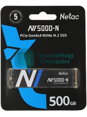 Накопитель SSD Netac NV5000 Pro, 500Gb, M.2 2280, PCIe 4.0 x4, NVMe, R/W 4800/2700, с радиатором