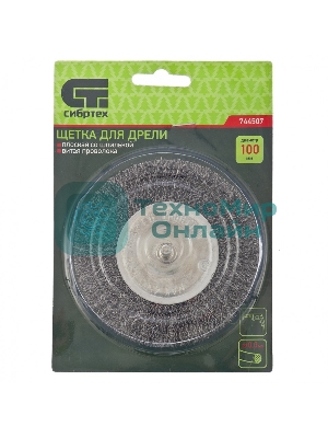 Щетка для дрели Сибртех 100 мм, плоская со шпилькой, витая проволока 0,3 мм