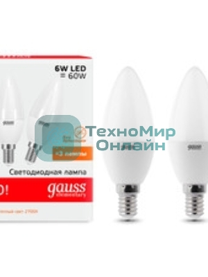 Лампа светодиодная Gauss Elementary 6Вт цок.: E14 свеча 220B 6500K св. свеч. бел. хол. C37 (упак.: 10 шт)