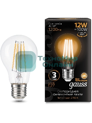Лампа cветодиодная Gauss Filament А60 12W 1200lm 2700К Е27 LED 1/10/40