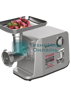 Мясорубка электрическая Sakura SA-6426 Professional серый, 3000 Вт, 2.5 кг/мин, реверс, защита от перегрузки, насадки - 5