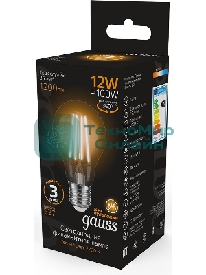 Лампа cветодиодная Gauss Filament А60 12W 1200lm 2700К Е27 LED 1/10/40