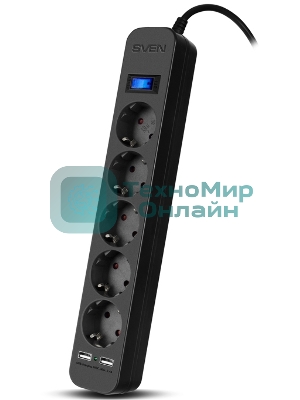 Фильтр SVEN SF-05LU 1,8 м (5 евро розеток,2хUSB(2,4А)) черный, цветная коробка Surge protector SVEN SF-05LU 1,8 м (5 евро розеток,2хUSB(2,4А)) черный, цветная коробка