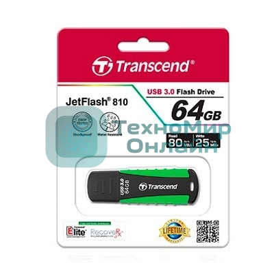 Флешка USB Transcend JetFlash 810 (TS64GJF810), 64Gb, USB 3.0, R/W 100/40, черный/зеленый