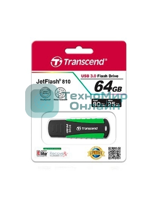 Флешка USB Transcend JetFlash 810 (TS64GJF810), 64Gb, USB 3.0, R/W 100/40, черный/зеленый