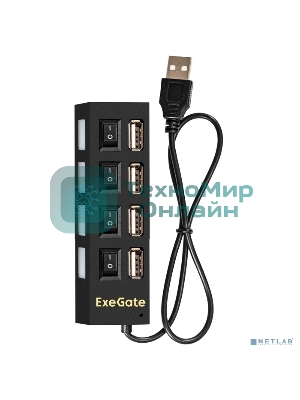 USB-концентратор ExeGate EX293977RUS DUB-42SW (кабель-адаптер USB2.0 --> 4xUSB2.0, кнопки включения/отключения для каждого порта, Plug&Play, черный)