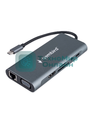 Концентратор USB Type-C Gembird UHB-D4, 10в1: 3xUSB3.1, Type-C PD87W, Jack 3.5, SD/TF, HDMI, RJ45, VGA, кабель 15 см, алюминий