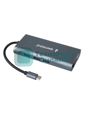 Концентратор USB Type-C Gembird UHB-D4, 10в1: 3xUSB3.1, Type-C PD87W, Jack 3.5, SD/TF, HDMI, RJ45, VGA, кабель 15 см, алюминий