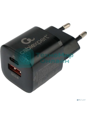 Сетевое зарядное устройство Cablexpert 20Вт, 3А, QC3.0/PD, 1xUSB, 1xType-C, черный, пакет