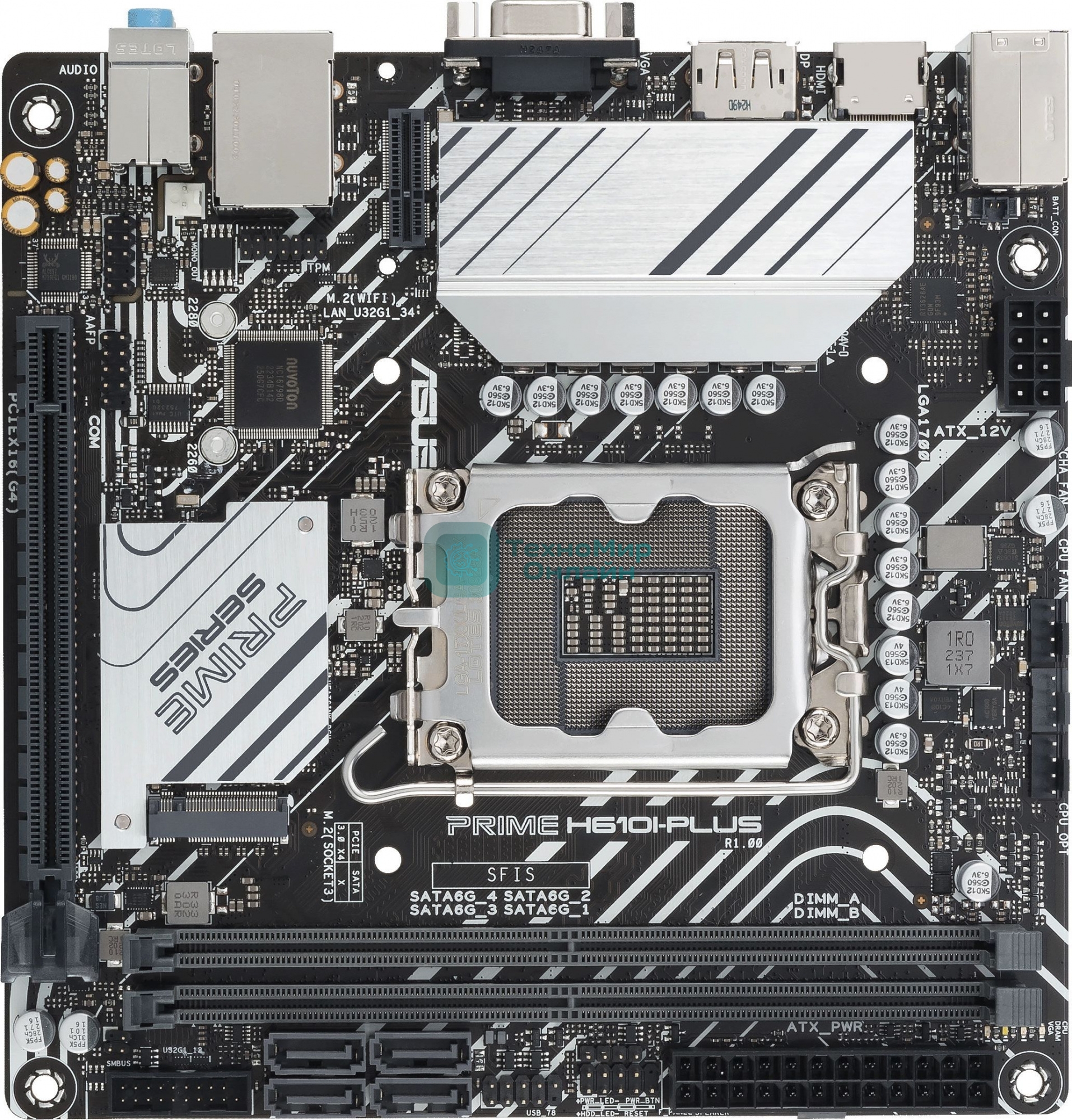 Материнская плата ASUS PRIME H610I-PLUS-CSM, LGA 1700, Intel H610, 2xDDR5, 4xSATA, 1xM.2 PCIe 3.0 x4, 1xPCIe 4.0 x16, 1xHDMI, 1xDP, 1xVGA, 2xUSB-A 3.2 Gen 1, 2xUSB-A 2.0, 1x 1Gb LAN, 3x3.5 мм, 7.1, Mini-ITX