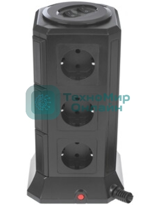 Сетевой фильтр Qumo Power Tower Pro 12SP5U (P-0001), 12 розеток, 2200 Вт, 10A, кабель 2 м 3*1 мм чистая медь, пожаробезопасный пластик, евровилка, 5 USB портов 4.5A суммарно