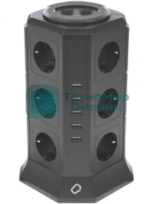 Сетевой фильтр Qumo Power Tower Pro 12SP5U (P-0001), 12 розеток, 2200 Вт, 10A, кабель 2 м 3*1 мм чистая медь, пожаробезопасный пластик, евровилка, 5 USB портов 4.5A суммарно