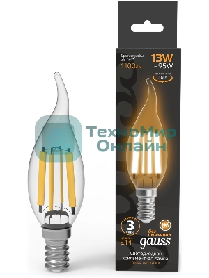 Лампа филам. Gauss Filament 13Вт цок.:E14 свеча св.свеч.бел.теп. (упак.:10шт) (104801113)