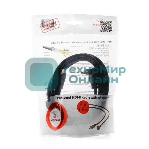 Кабель Cablexpert HDMI CC-HDMI490-6, 19M/19M, v2.0, медь, позол.разъемы, экран, угловой, 1.8м, черный, пакет