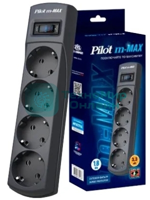 Сетевой фильтр ZIS Pilot m Max 4 розетки (евро с заземлением), 15А/3.3 кВа, автомат, 5 м, черный Surge protector Pilot m Max 4 euro outlets, 15А/3.3кВа, 5m, black