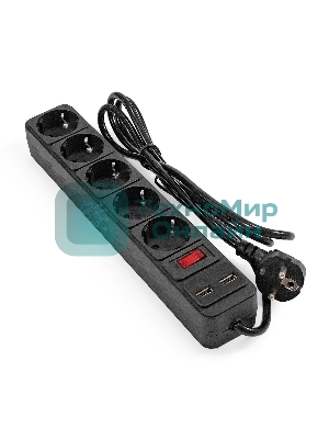 Сетевой фильтр-удлинитель с USB зарядкой ExeGate SP-5-USB-1.8B (5 евророзеток с заземлением, 2 USB-A 2A, 1.8 м, защита от перегрузки, выключатель с подсветкой, черный)