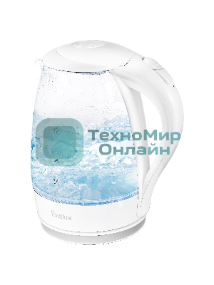 Электрический чайник Evelux, объем 1.7 л, механическое управление, фильтр от накипи, автоотключение, мощность 2200 Вт, светодиодная/звуковая индикация работы, материал: стекло, цвет белый