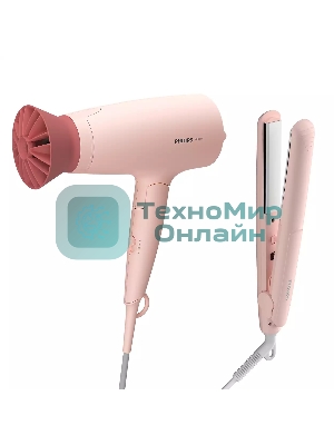 Набор для укладки волос Фен Philips BHP398/00 розовый, 1600 Вт, компактный + выпрямитель