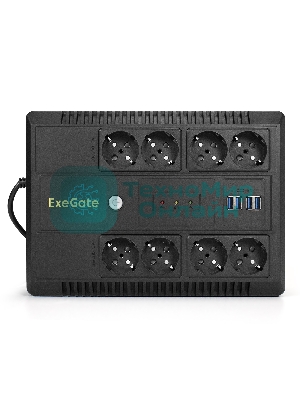 Источник бесперебойного питания ExeGate NEO NNB-1000.LED.AVR.8SH.CH 1000VA/650W, LED, AVR, 8*Schuko, 4*USB-порта для зарядки, черный
