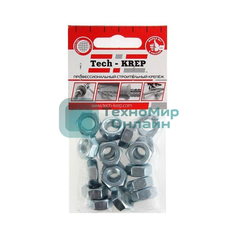 Гайка шестигранная Tech-Krep 103027 М10 цинк. DIN 934 (уп.18 шт) пакет
