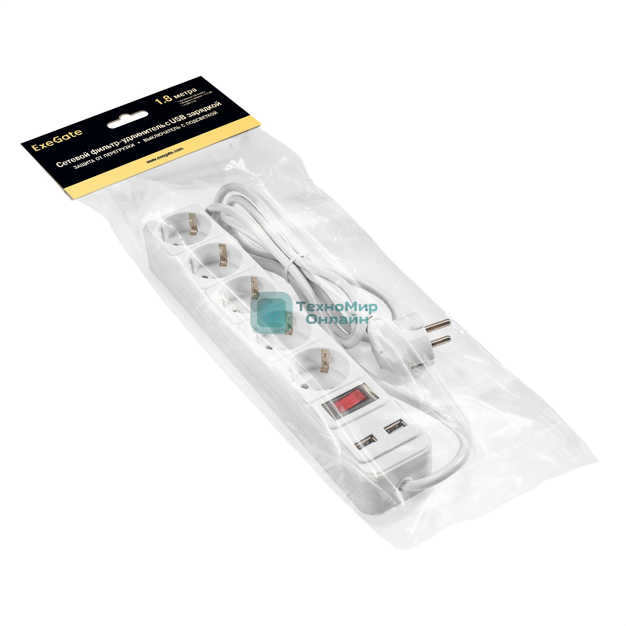 Сетевой фильтр-удлинитель с USB зарядкой ExeGate SP-5-USB-1.8W (5 евророзеток с заземлением, 2 USB-A 2A, 1.8 м, защита от перегрузки, выключатель с подсветкой, белый)