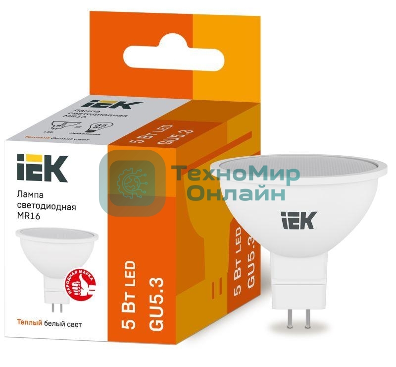 Лампа светодиодная IEK LLE-MR16-5-230-30-GU5 ECO MR16 5Вт 3000К теплый белый GU5.3 450лм 230-240В