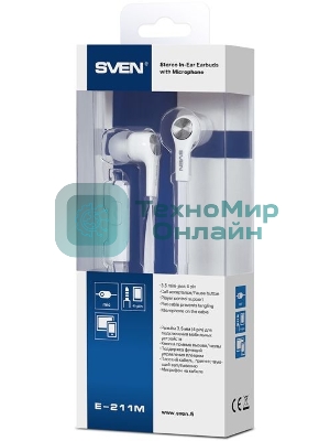 Проводные наушники Sven E-211M белый, внутриканальные, Jack 3.5 мм