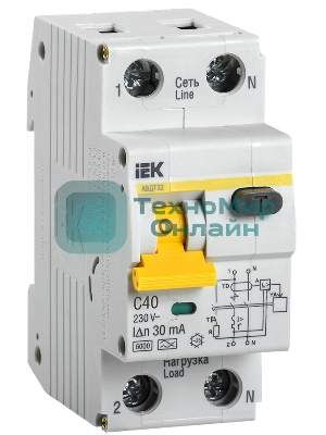 Выключатель автоматический дифференциального тока 2п (1P+N) C 40А 30мА тип A 6кА АВДТ-32 IEK MAD22-5-040-C-30