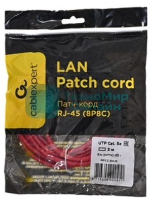 Патч-корд UTP Cablexpert cat.5e, 3м, литой, многожильный, красный