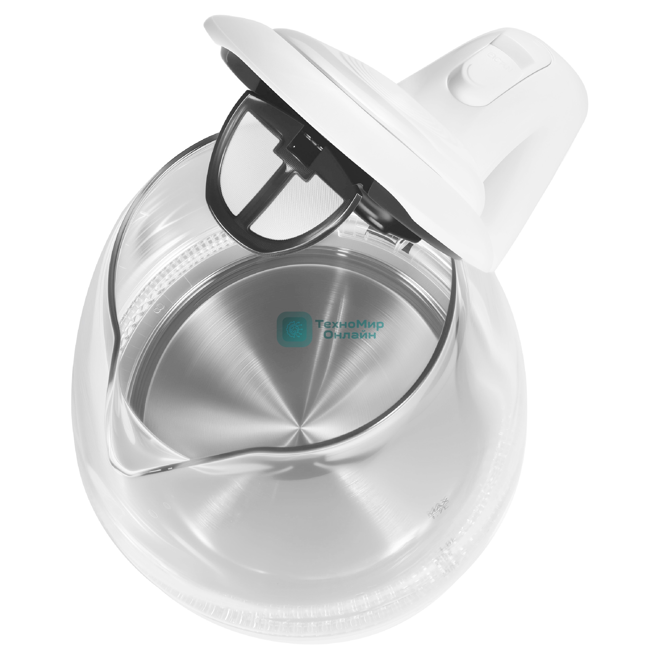 Электрический чайник Evelux, объем 1.7 л, механическое управление, фильтр от накипи, автоотключение, мощность 2200 Вт, светодиодная/звуковая индикация работы, материал: стекло, цвет белый