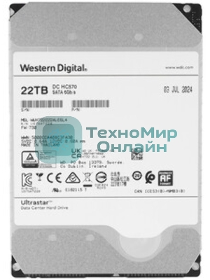 Жесткий диск HDD WD SATA Server 22Tb Ultrastar DC HC570 7200 6Gb/s 512MB 1 year warranty (replacement WUH722222ALE6L4)