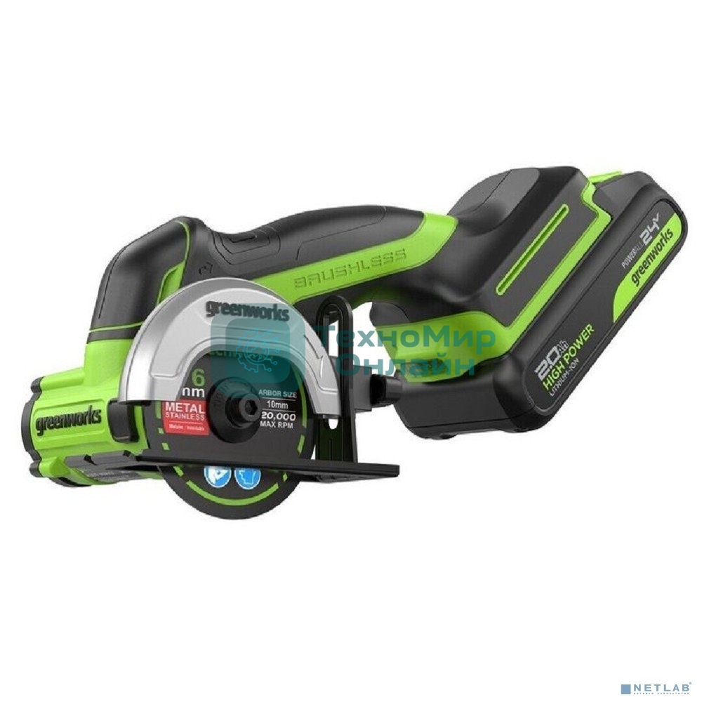 Угловая шлифовальная машина аккумуляторная GreenWorks GD24UCS, 24V, б/щет, 20000 об/мин,76 мм, рез 18 мм,1х2Ач,ЗУ,кор 3402007CUA