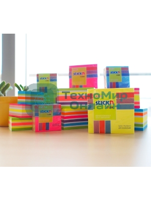 Блок самоклеящийся бумажный Stick`n 21537 76x76 мм, 400 листов, 70 г/м2, неон+пастель, 5 цветов в упаковке