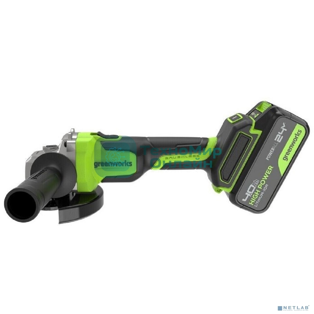 Угловая шлифовальная машина аккумуляторная Greenworks AG590, 24V, б/щет, 125 мм, 8500 об/мин, Anti-Kickback,1х4Ач,ЗУ,кор 3201007CUB