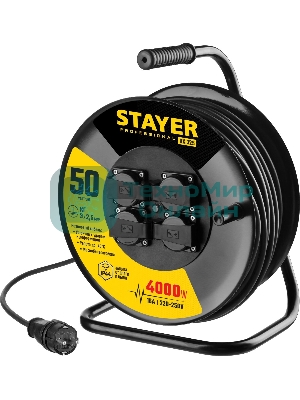 Удлинитель силовой Stayer 55076-50 3x2.5кв.мм 4розет. 50м КГ катушка черный