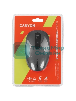 Мышь беспроводная Canyon MW-9 серый, 1600 dpi, радиоканал, Bluetooth, USB, кнопки - 6