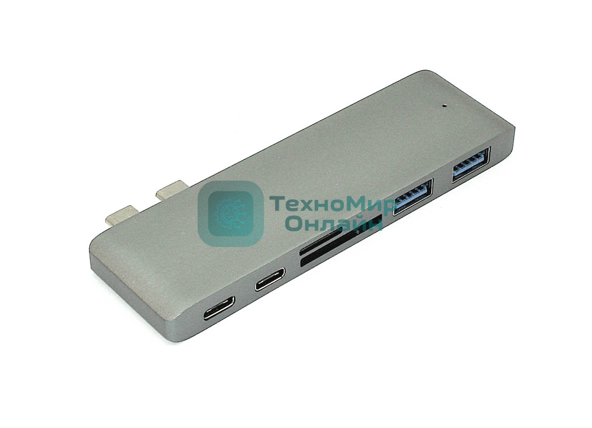 Адаптер сдвоенный Type-C на USB 3.0*2 + Type-C* 2 + SD/TF для MacBook, серый