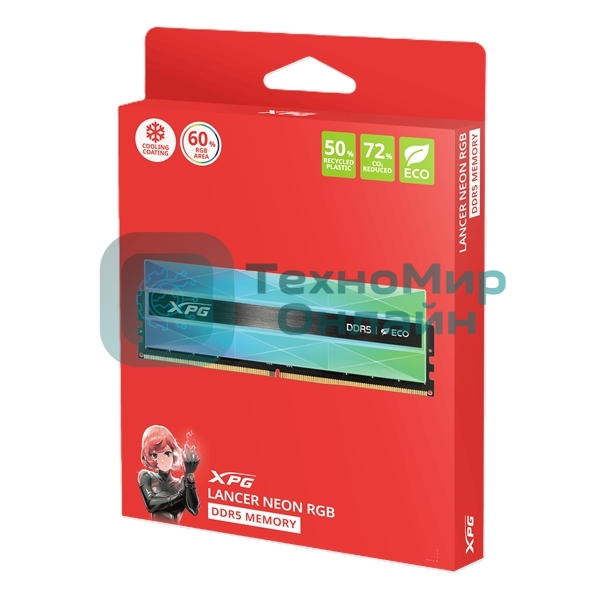 Оперативная память XPG Lancer Neon RGB, DDR5, 32GB (2x16GB), 6400MHz, CL32, DIMM, с радиаторами, RGB, серебристая