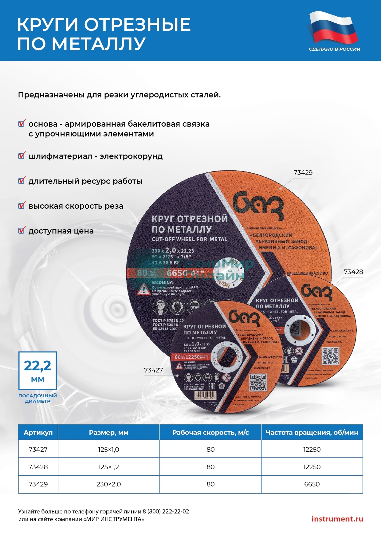 Круг отрезной по металлу, 125 х 1,2 х 22,2 мм (БАЗ) Россия