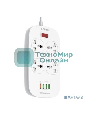 Сетевой фильтр Perfeo LD_B4435 LDNIO SC4407Q/ Сетевой фильтр 2 м / 4 розетки EU_UK_US/ 2500W/ 4 USB+QC 3.0/ Выкл. на розетки/ белый