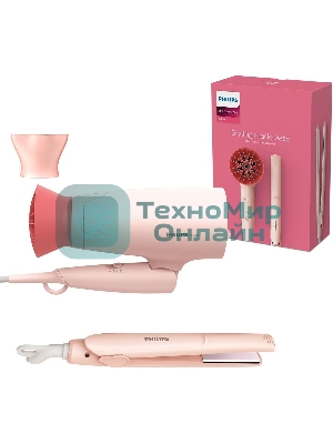 Набор для укладки волос Фен Philips BHP398/00 розовый, 1600 Вт, компактный + выпрямитель