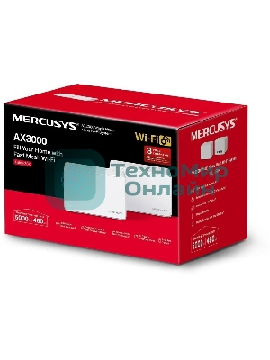 Домашняя Mesh Wi‑Fi система AX3000 Whole Home Mesh Wi-Fi 6 SystemSPEED: 574 Mbps at 2.4 GHz + 2402 Mbps at 5 GHzSPEC: Internal Antennas, 3× Gigabit Ports per Unit (WAN/LAN auto-sensing), 1024-QAM, OFDMA, HE160FEATURE: MERCUSYS APP, Router/AP Mode, One Unified Network, Seaml