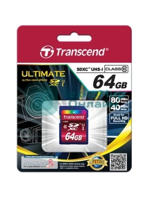 Флеш карта SDXC 64Gb Class10 Transcend TS64GSDXC10U1 BULK w/o adapter