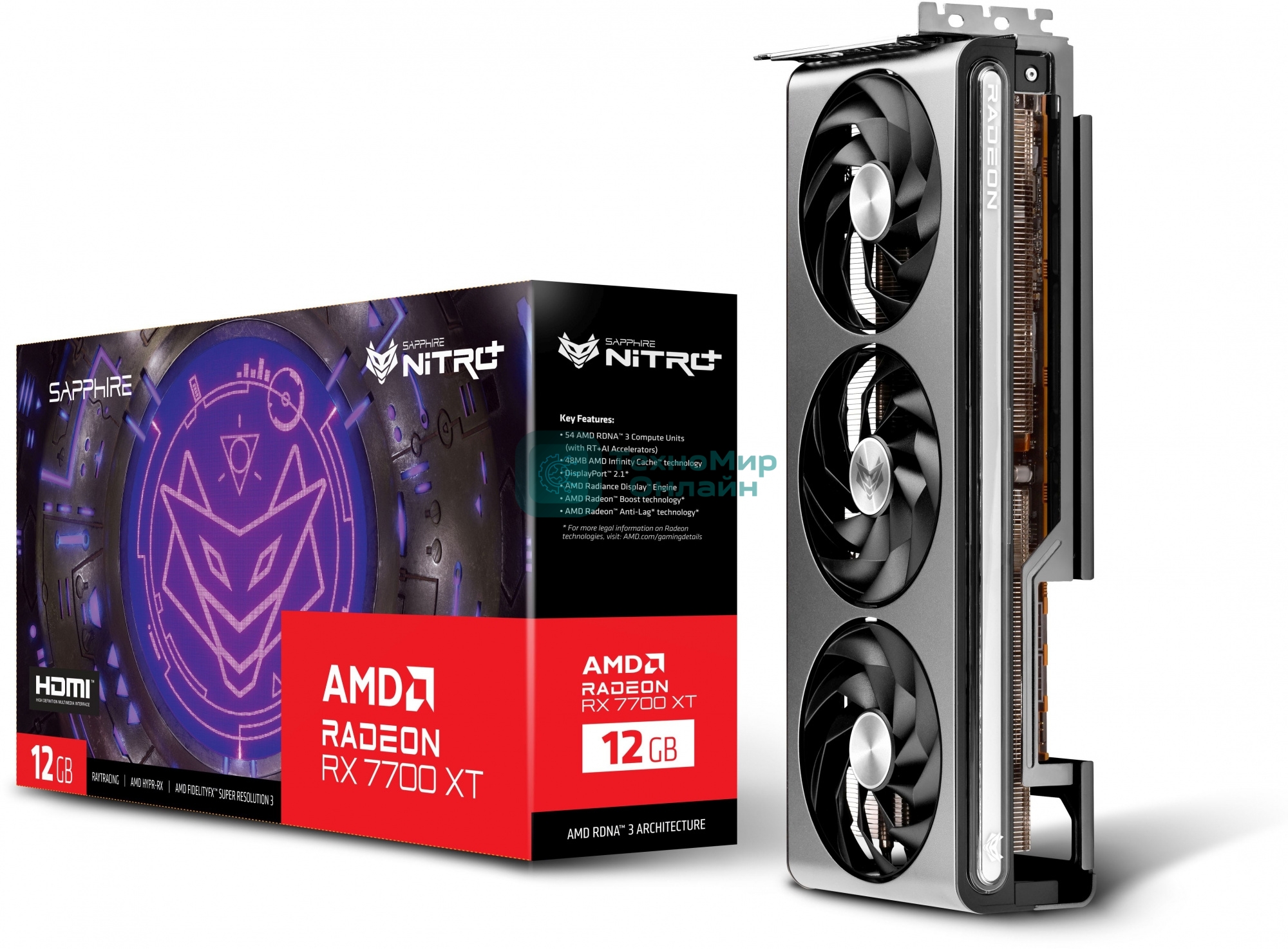 Видеокарта Sapphire PCI-E 4.0 11335-02-20G NITRO+ RX 7700 XT GAMING OC AMD Radeon RX 7700XT 12288Mb 192 GDDR6 2276/18000 HDMIx2 DPx2 HDCP Ret