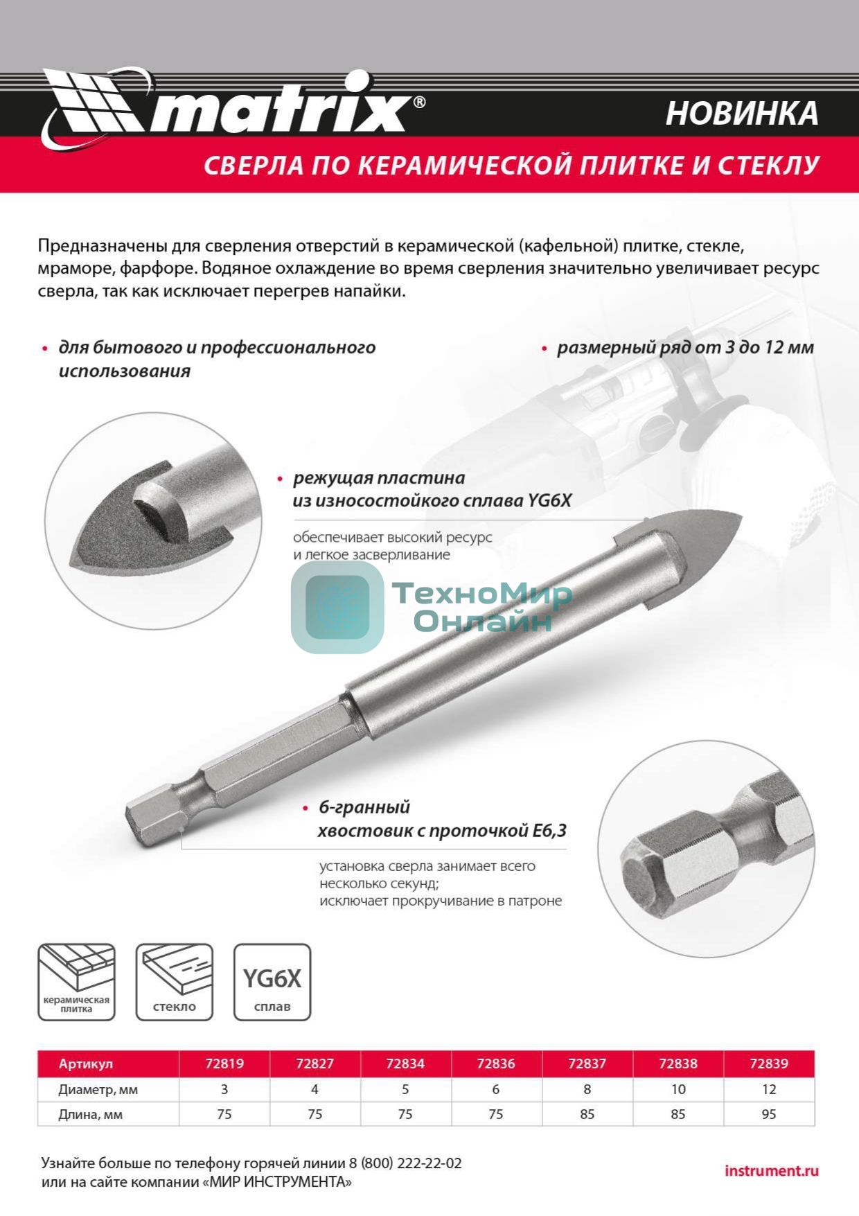 Сверло по керамической плитке и стеклу Matrix, 8 мм, 6-гр хвостовик