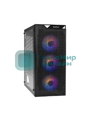 Компьютерный корпус Miditower ExeGate EVO-5001A-600NPX (ATX, БП 600NPX с вент. 12 см, 2хUSB+1хUSB 3.0+HD Audio, черный, 3 вент.12см с RGb подсветкой, боковая панель - закаленное стекло)