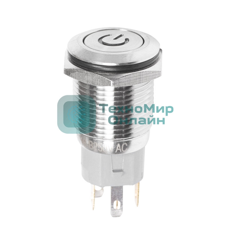 Кнопка антивандальная Rexant Ø16 250В Б/Фикс (5с) (ON)-OFF плоская подсв/красная POWER